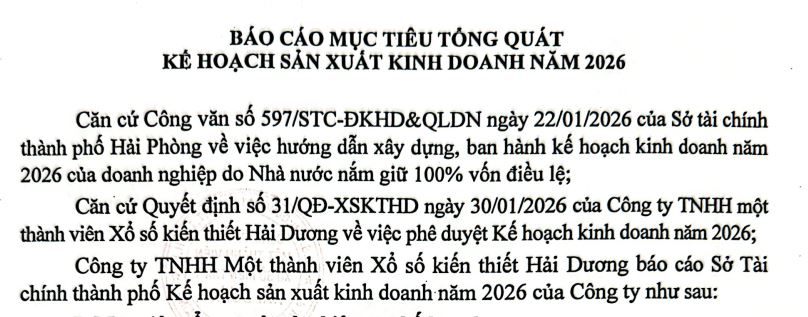 Công ty TNHH Một thành viên Xổ số kiến thiết Hải Dương báo cáo mục tiêu năm 2026